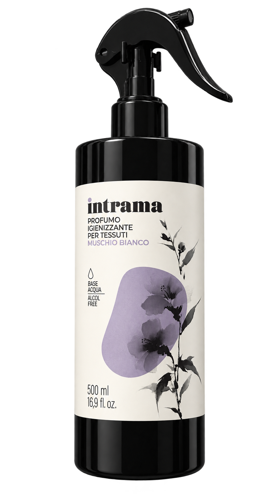 Flacone Intrama Muschio bianco, con etichetta botanica lilla
